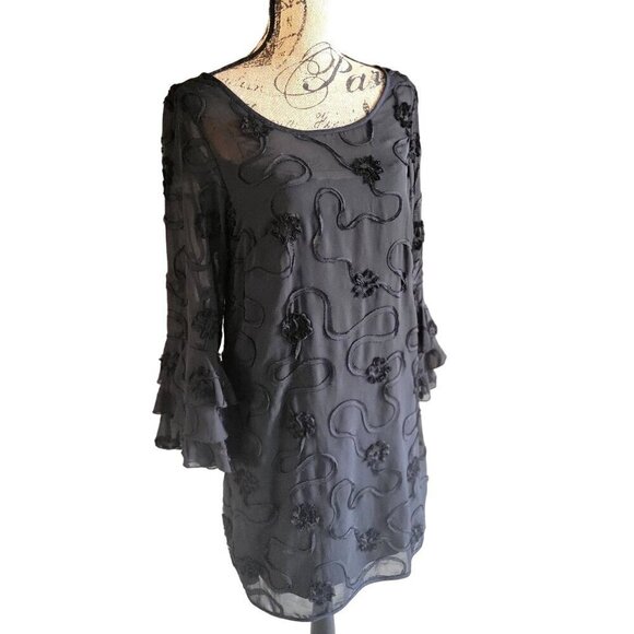 Madison Leigh Dress Black Sheer Top Swirls Ruffled Tiered Sleeves Midi- 8 - Picture 2 of 10